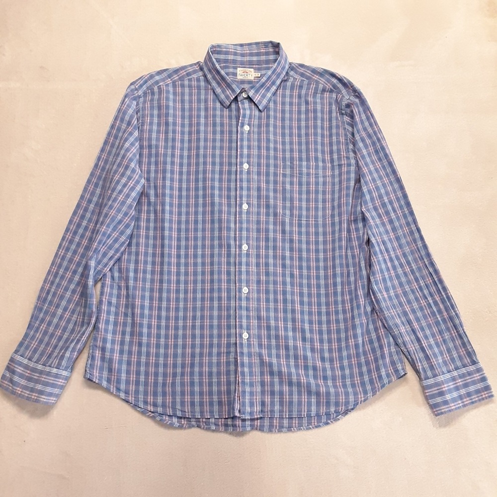 Faherty Mens LS Lightweight Cotton Button Up Shirt XL Blue/Pink Madras Plaid